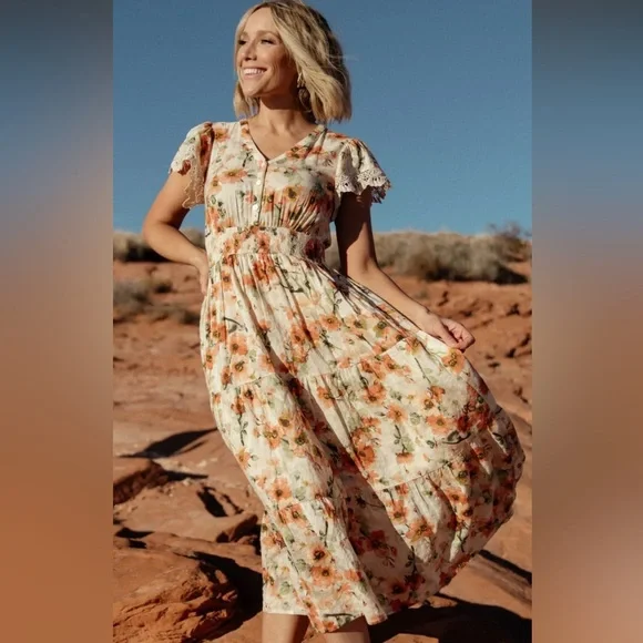 Baltic Born Floral Maxi Dress in Cream and Orange - Picture 3 of 7